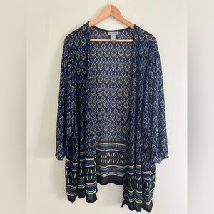 Catherines 3X Open Front Cardigan Blue Geometric Boho Lightweight Stretch